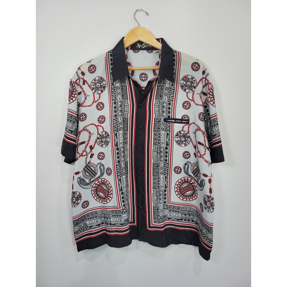 Vintage Alan Stuart Mens XL Geometric Tribal Scarf Print Button Down Shirt Artsy